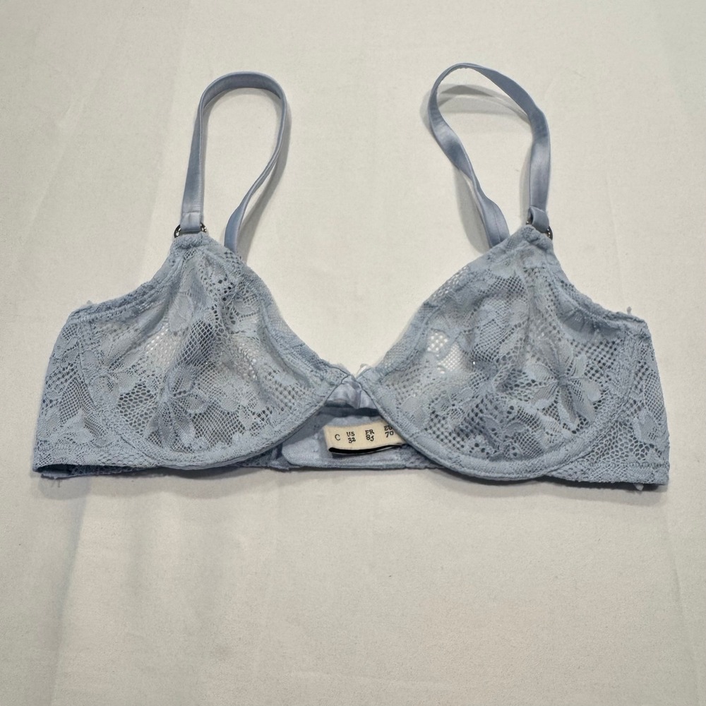 Fleur du Mal Essentials Lace Underwire Bra 32C Light Blue Sheer Luxury Excellent